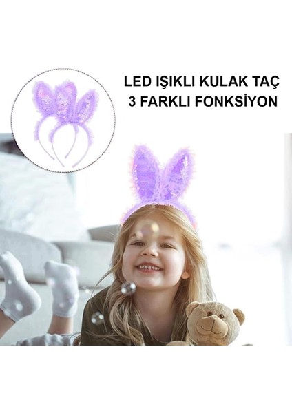 Kenarları Dantelli Mor Pullu Payetli LED Işıklı Tavşan Kulak Taç 23X19 cm