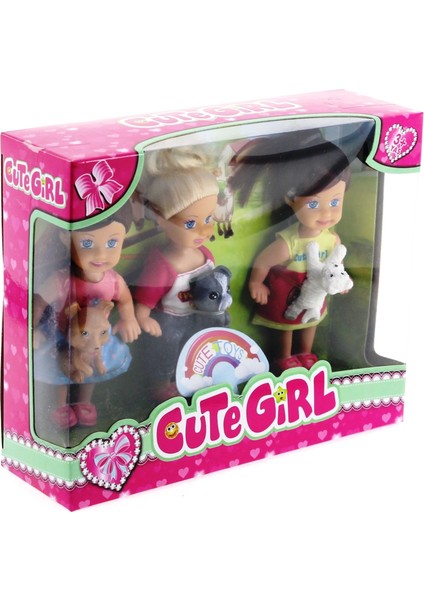 Cute Girl Mini Bebek ve Evcil Hayvan Üçlü Set