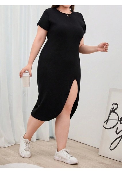 Kadın Büyük Beden Kısa Kollu Yanı Yırtmaçlı Bisiklet Yaka Viskon Elbise fiyatları