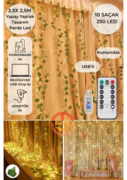 2.5x2.5m LED Perde Işık – 250 LED 10 Saçak Yapay Sarmaşık Desenli USB Kumandalı Dekoratif Aydınlatma