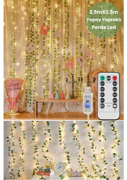 2.5x2.5m LED Perde Işık – 250 LED 10 Saçak Yapay Sarmaşık Desenli USB Kumandalı Dekoratif Aydınlatma