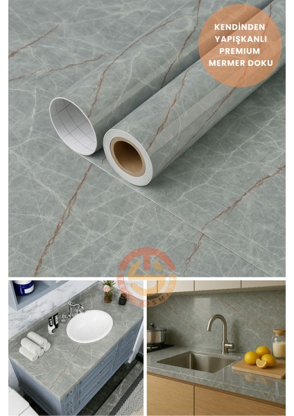 60X100CM Mermer Desen Kendinden Yapışkanlı Duvar Kağıdı Kaplama Mutfak Tezgeh Masa Folyo Gri
