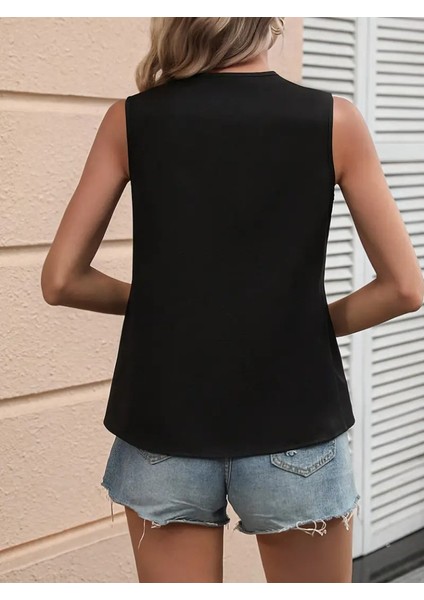 Modamuvo Kadın Kolsuz V Yakalı Blok Renkli Ithal Krep Bluz