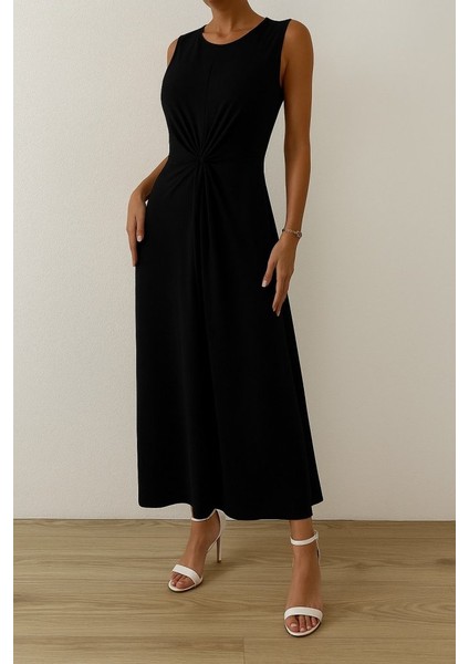 Kadın Sıfır Kollu Bisiklet Yaka Yandan Büzgü Detaylı Viskon Elbise