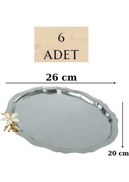 6'lı Lüx Oval Mini Zambak Çiçek Figürlü Paslanmaz Çelik Kahve Sunum Tepsisi – Kararmayan Şıklık