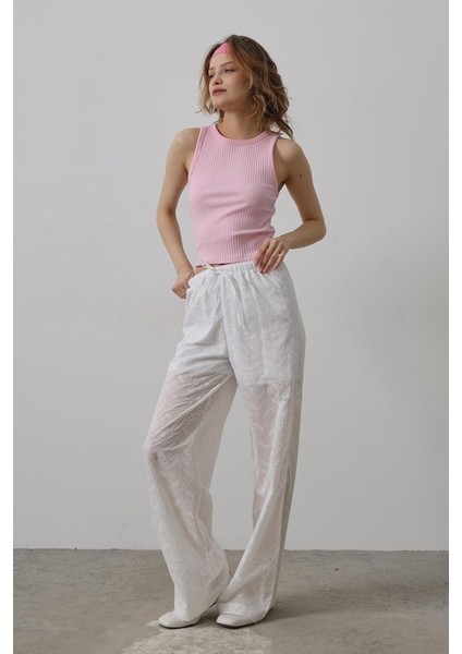 Beli Bağlamalı Brode Pantolon - Beyaz