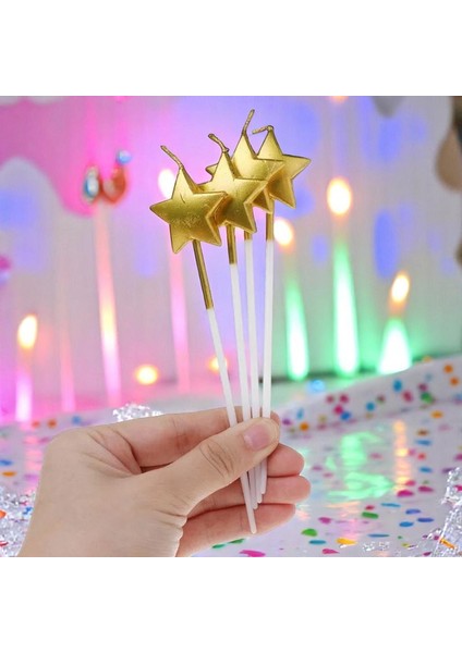 Yüksek Kalite 4 Adet Parlak Metalik Yıldızlı Gold Mum Gold Yıldızlı Pasta Mumu Doğum Günü Mumu 15 cm