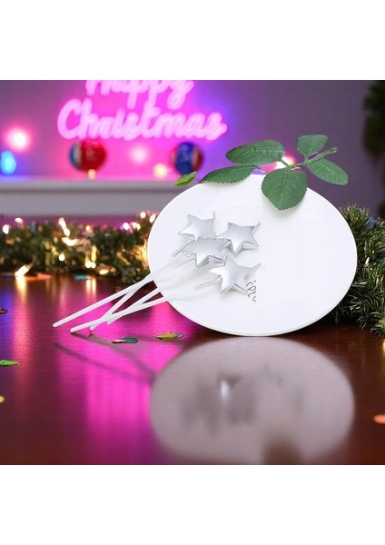 Yüksek Kalite 4 Adet Parlak Metalik Yıldızlı Gümüş Mum Yıldızlı Pasta Mumu Doğum Günü Mumu 15 cm