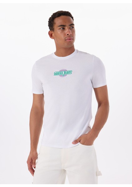 Bisiklet Yaka Desenli Beyaz Erkek T-Shirt M5GI23K8HM0G011 Gj Ss Cn Slım Suns