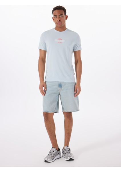 Bisiklet Yaka Desenli Mavi Erkek T-Shirt M5GI23K8HM0G7O7 Gj Ss Cn Slım Suns