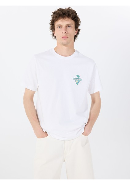 Bisiklet Yaka Desenli Beyaz Erkek T-Shirt M5GI55K8FQ4G011 Gj Ss Cn Reg Palm