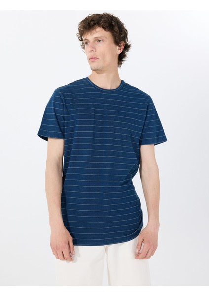 Bisiklet Yaka Desenli Mavi Erkek T-Shirt M5GP20KCRX0INMU Ss Indıgo Archer modelleri