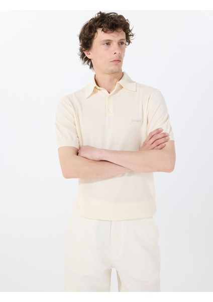 Polo Yaka Standart Desenli Beyaz Erkek Kazak M4GR07Z3DN1G047 Cree Washed Sspolo