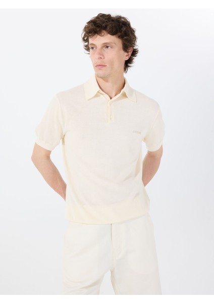 Polo Yaka Standart Desenli Beyaz Erkek Kazak M4GR07Z3DN1G047 Cree Washed Sspolo modelleri