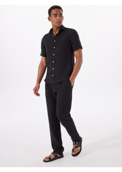 Standart Düğmeli Yaka Siyah Erkek Gömlek Mr Short Sleeve
