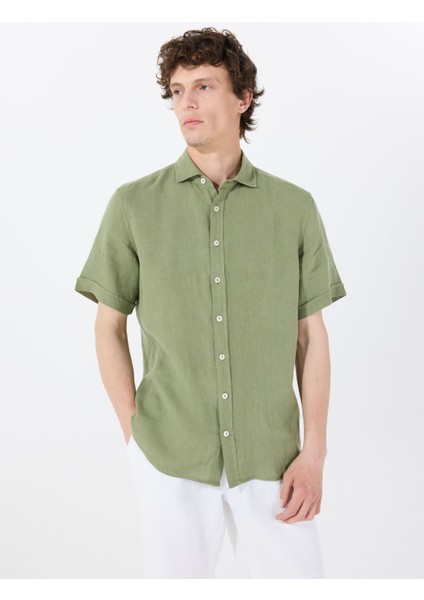Standart Düğmeli Yaka Yeşil Erkek Gömlek Mr Short Sleeve