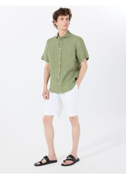 Standart Düğmeli Yaka Yeşil Erkek Gömlek Mr Short Sleeve