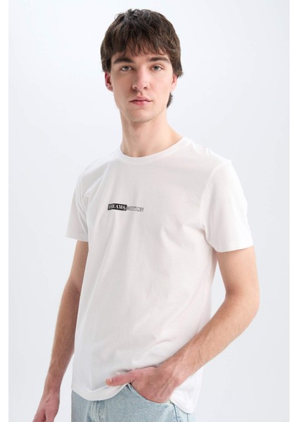 %100 Pamuk Slim Fit Dar Kesim Bisiklet Yaka Baskılı Kısa Kollu Tişört E3776AX25SM