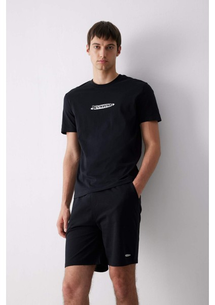 %100 Pamuk Regular Fit Bisiklet Yaka Baskılı Kısa Kollu Tişört E3783AX25SM