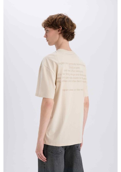 %100 Pamuk Boxy Fit Bisiklet Yaka Sırt Baskılı Kısa Kollu Tişört E3958AX25SM