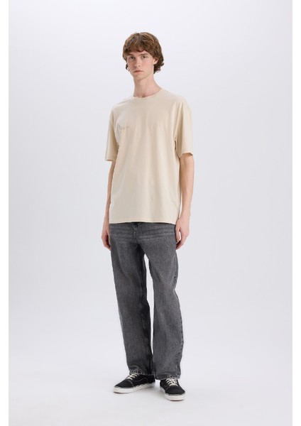 %100 Pamuk Boxy Fit Bisiklet Yaka Sırt Baskılı Kısa Kollu Tişört E3958AX25SM fiyatları