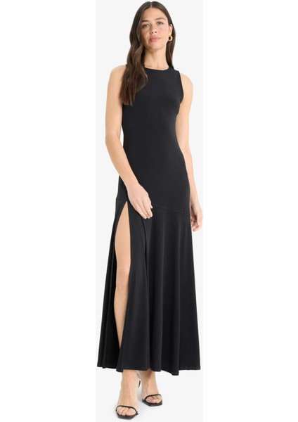 Bisiklet Yaka Yırtmaçlı Kolsuz Maxi Siyah Yazlık Elbise F6042AX25SM