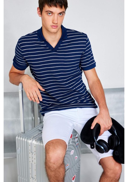Regular Fit Polo Yaka Çizgili Triko Kısa Kollu Tişört C4150AX25SM