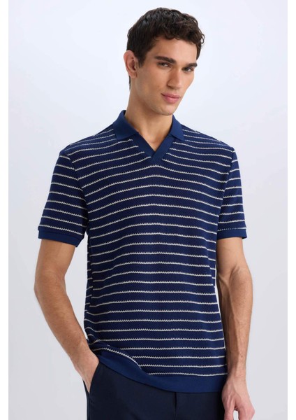 Regular Fit Polo Yaka Çizgili Triko Kısa Kollu Tişört C4150AX25SM