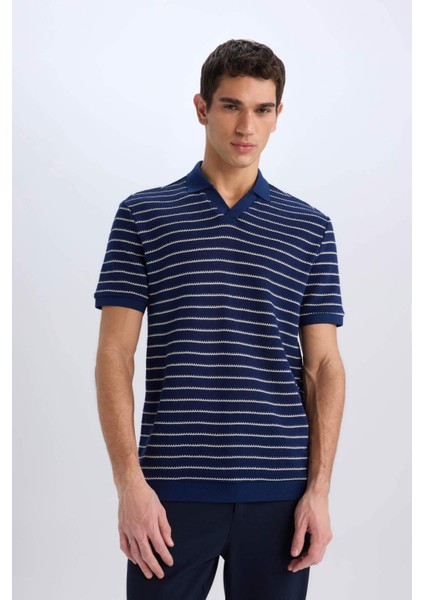 Regular Fit Polo Yaka Çizgili Triko Kısa Kollu Tişört C4150AX25SM