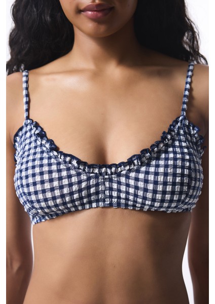 Texas Navy Pötikare Fırfırlı Halter Yaka Bikini Üstü