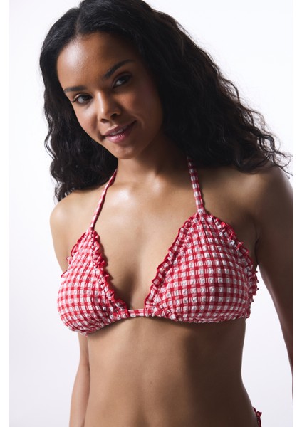 Texas Red Pötikare Fırfırlı Üçgen Bikini Üstü