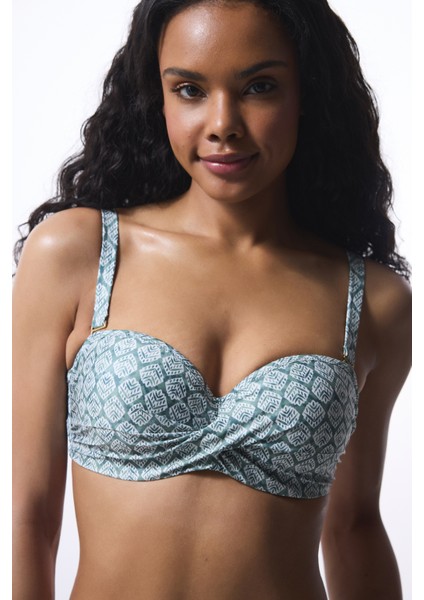 Yeşil Baklava Desenli Balconette Bikini Üstü