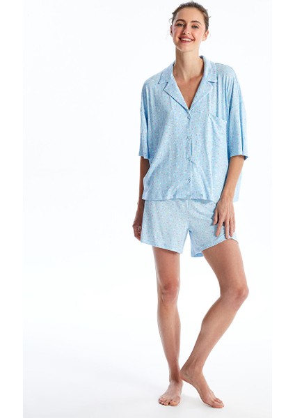 Yeni Sezon Gomlek Yaka Desenli Kadin Sortlu Pijama Takimi - S4H645Z8