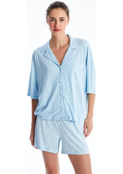Yeni Sezon Gomlek Yaka Desenli Kadin Sortlu Pijama Takimi - S4H645Z8