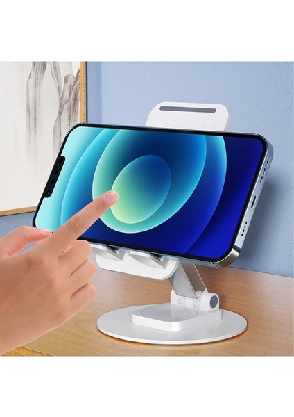 Masaüstü Tablet ve Telefon Tutucu Stand 3 Kademeli 360 Derece Döndürülebilir Uzunluk Ayarlı-Beyaz