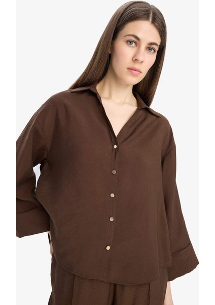Yeni Sezon Loose Fit Apaşk Yaka Basic Düz Uzun Kollu Gömlek