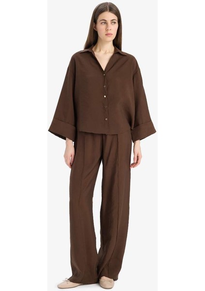 Yeni Sezon Loose Fit Apaşk Yaka Basic Düz Uzun Kollu Gömlek