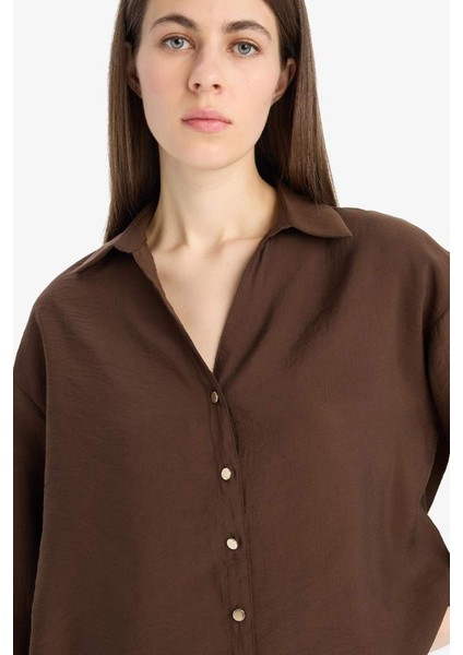 Yeni Sezon Loose Fit Apaşk Yaka Basic Düz Uzun Kollu Gömlek