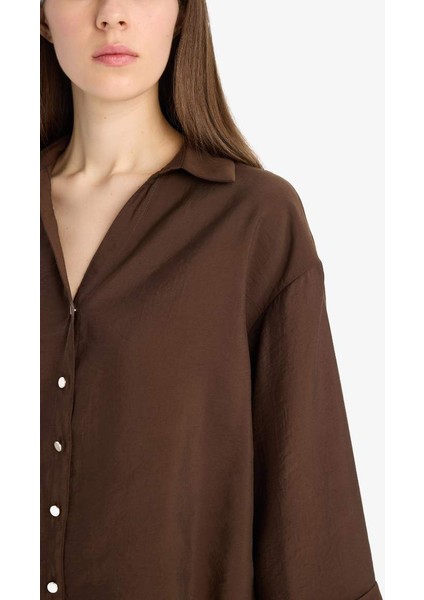 Yeni Sezon Loose Fit Apaşk Yaka Basic Düz Uzun Kollu Gömlek