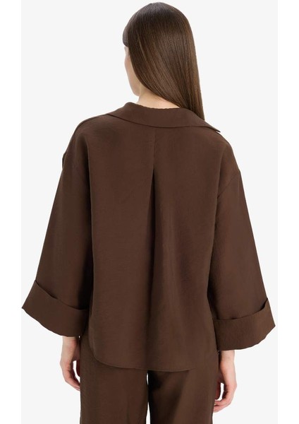 Yeni Sezon Loose Fit Apaşk Yaka Basic Düz Uzun Kollu Gömlek