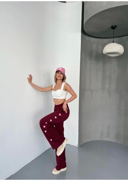 Osy Modal Yumuşak Dokulu Kumaş Nakış Işlemeli Rahat Bol Paça Eşofman Pantalon - Bordo modelleri