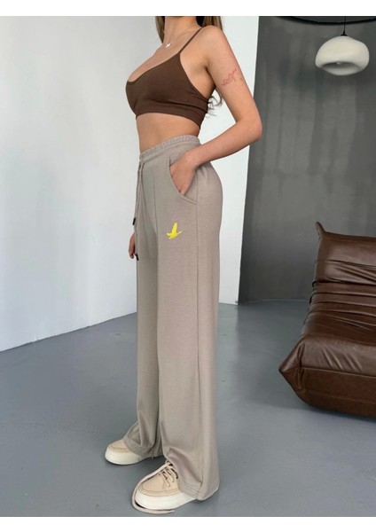 Osy Modal Yumuşak Dokulu Kumaş Nakış Işlemeli Rahat Bol Paça Eşofman Pantalon - Bej