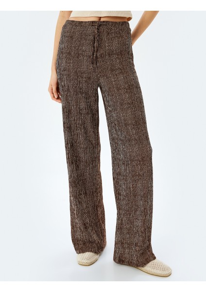 Yeni Sezon Yüksek Bel Geniş Paça Bürümcük Beli Bağcıklı Oversize Çizgili Pantolon modelleri