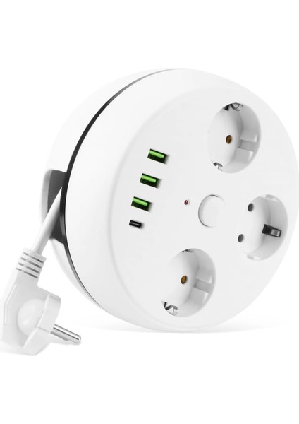 Vea 7in1 , Akım Korumalı Grup Priz, 3'lü, Anahtarlı, 3 Usb, 1 Type-C, 1.5 Metre Kablolu, Kablosu Toplanabilir Makaralı, 850 Derece Isıya Dayanıklı
