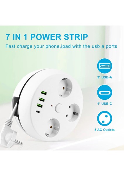 Vea 7in1 , Akım Korumalı Grup Priz, 3'lü, Anahtarlı, 3 Usb, 1 Type-C, 1.5 Metre Kablolu, Kablosu Toplanabilir Makaralı, 850 Derece Isıya Dayanıklı