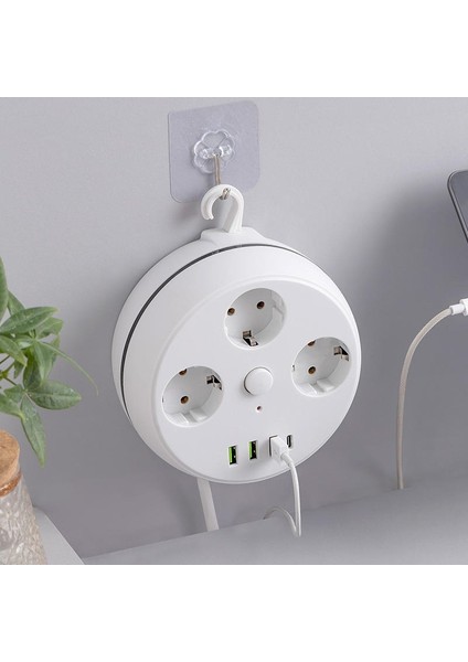 Vea 7in1 , Akım Korumalı Grup Priz, 3'lü, Anahtarlı, 3 Usb, 1 Type-C, 1.5 Metre Kablolu, Kablosu Toplanabilir Makaralı, 850 Derece Isıya Dayanıklı
