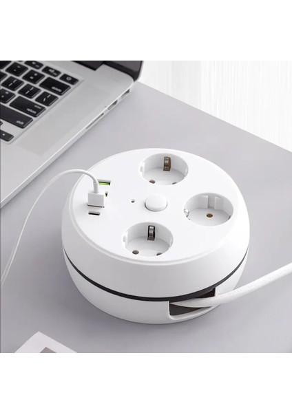Vea 7in1 , Akım Korumalı Grup Priz, 3'lü, Anahtarlı, 3 Usb, 1 Type-C, 1.5 Metre Kablolu, Kablosu Toplanabilir Makaralı, 850 Derece Isıya Dayanıklı