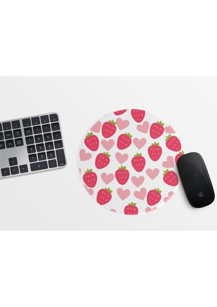 Çilek Desenli Yuvarlak Mousepad - 20CM - Sevimli Pembe