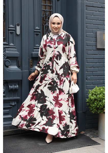 Desenli Mürdüm Tesettür Elbise 24061MU