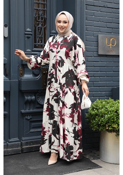 Desenli Mürdüm Tesettür Elbise 24061MU fiyatları